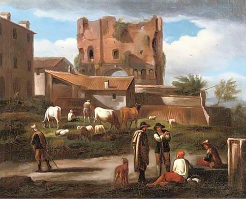 figures conversing along a path with cattle grazing
